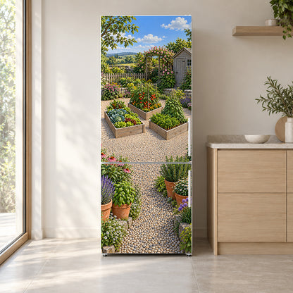 Vegetable Garden Raised Beds fridge wrap on a white refrigerator in a bright kitchen