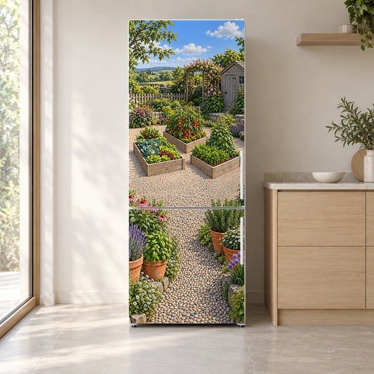 Vegetable Garden Raised Beds fridge wrap on a white refrigerator in a bright kitchen