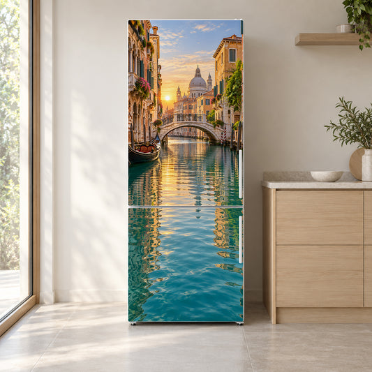 Venice Canals fridge wrap on a white refrigerator in a bright kitchen
