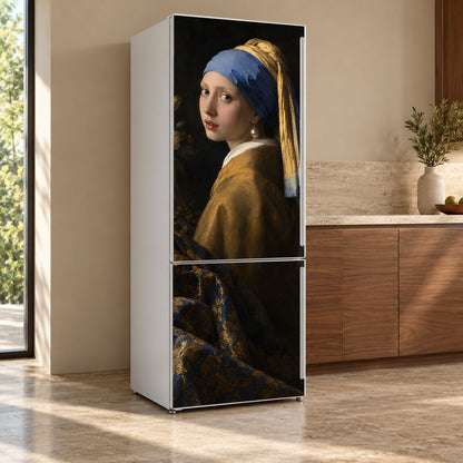 Vermeer Inspired Pearl Earring fridge wrap, refrigerator shown at an angle