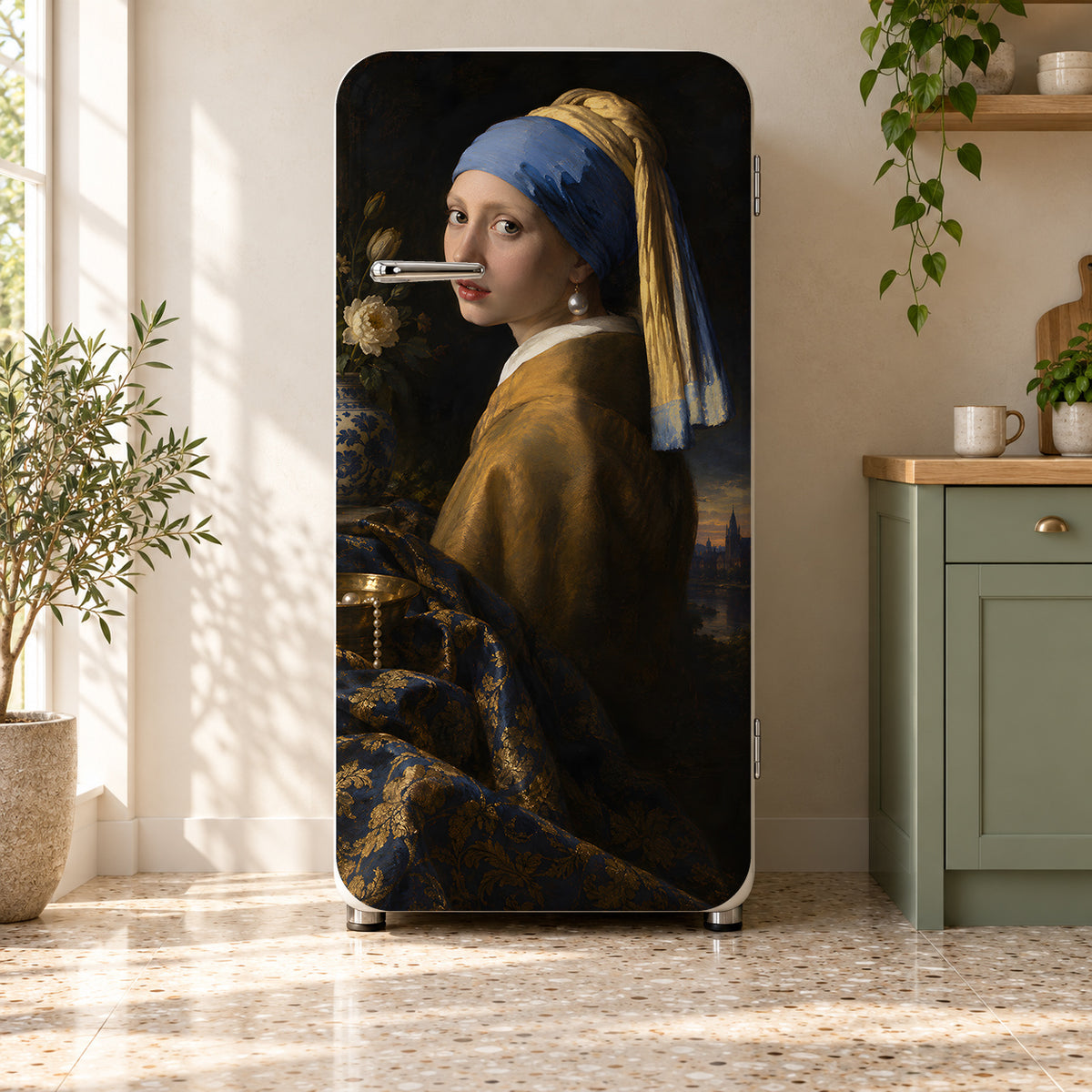 Vermeer Inspired Pearl Earring fridge wrap on a retro refrigerator
