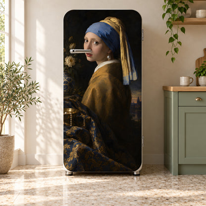 Vermeer Inspired Pearl Earring fridge wrap on a retro refrigerator