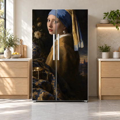 Vermeer Inspired Pearl Earring fridge wrap on a side-by-side refrigerator