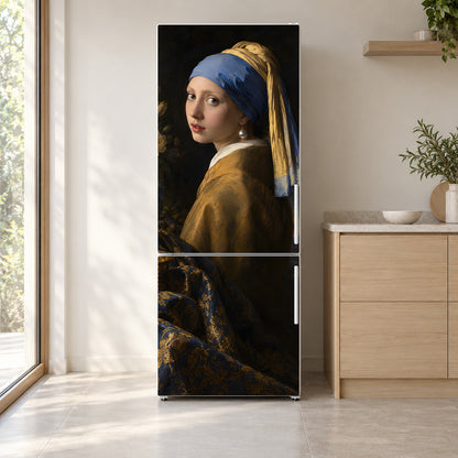 Vermeer Inspired Pearl Earring fridge wrap on a white refrigerator in a bright kitchen