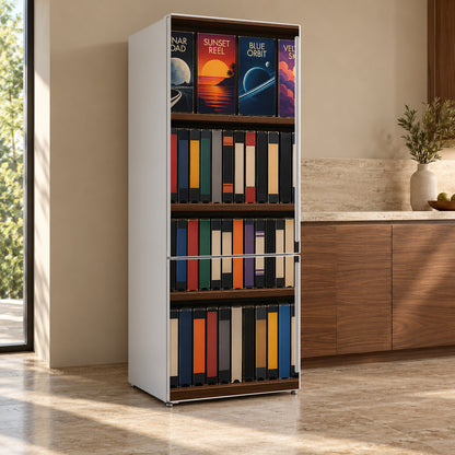 VHS Tape Shelf fridge wrap, refrigerator shown at an angle