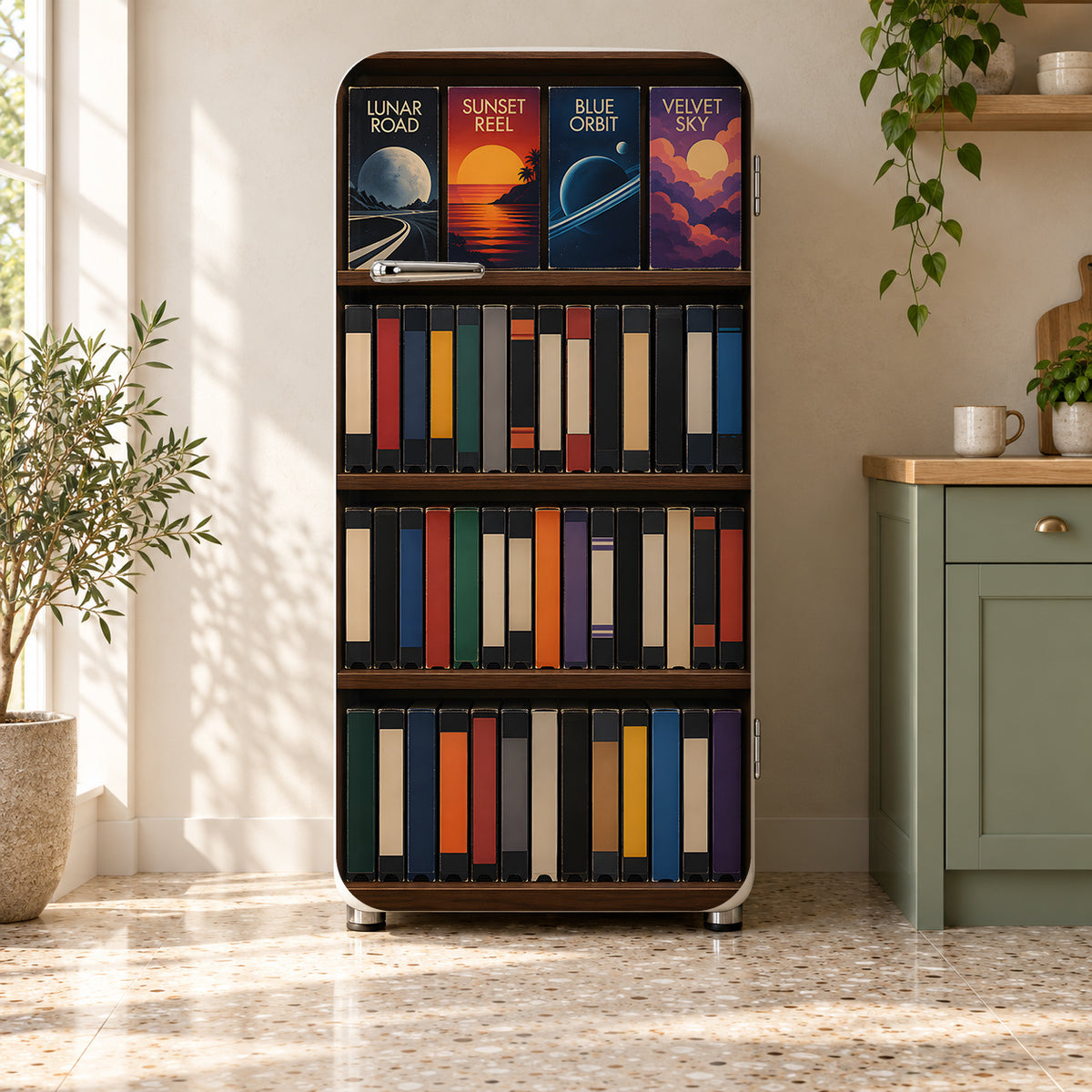VHS Tape Shelf fridge wrap on a retro refrigerator