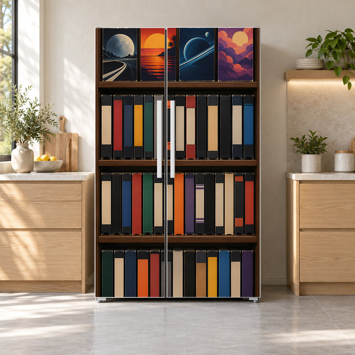 VHS Tape Shelf fridge wrap on a side-by-side refrigerator
