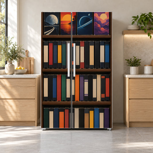 VHS Tape Shelf fridge wrap on a side-by-side refrigerator