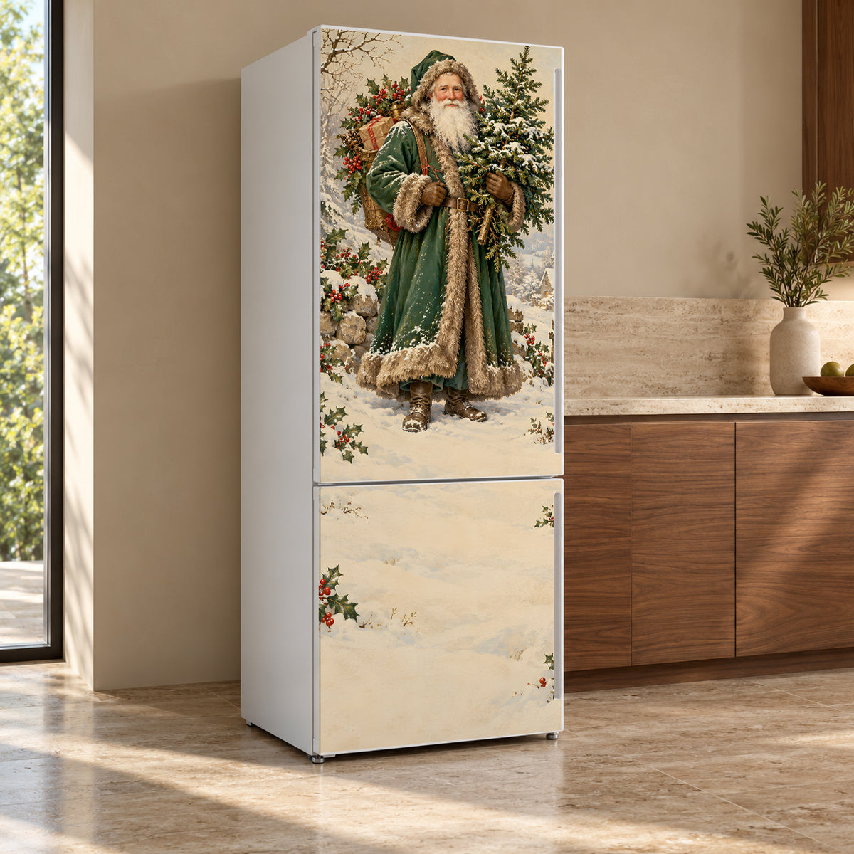 Victorian Father Christmas fridge wrap, refrigerator shown at an angle
