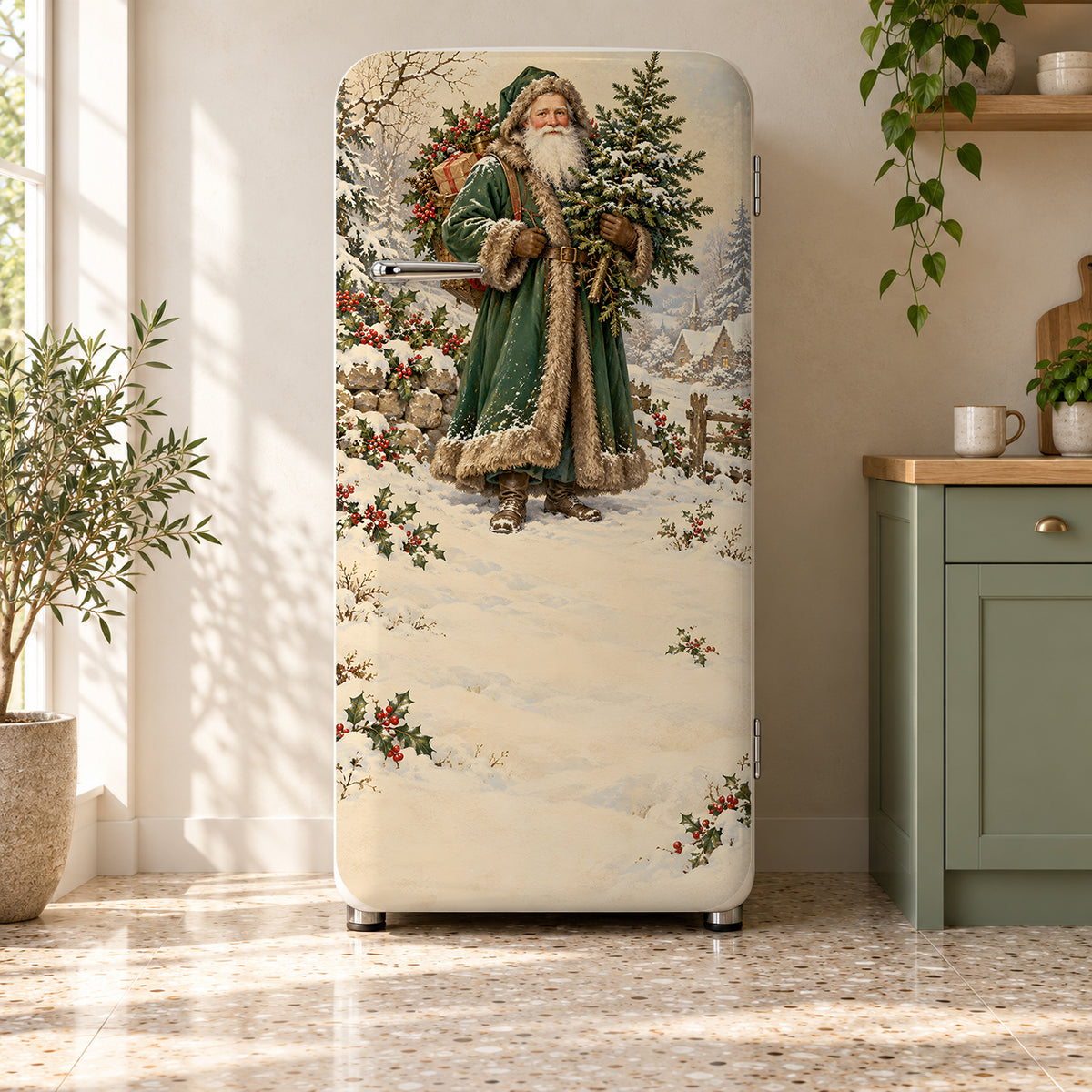 Victorian Father Christmas fridge wrap on a retro refrigerator