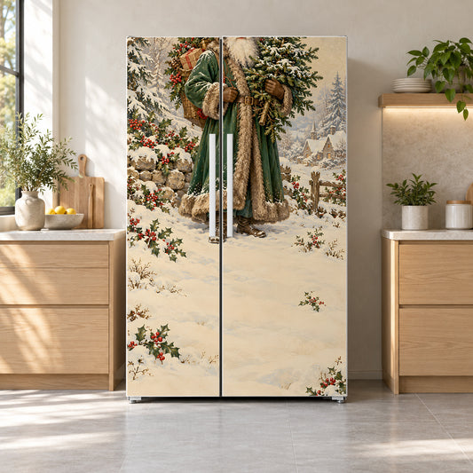 Victorian Father Christmas fridge wrap on a side-by-side refrigerator