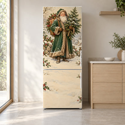 Victorian Father Christmas fridge wrap on a white refrigerator in a bright kitchen