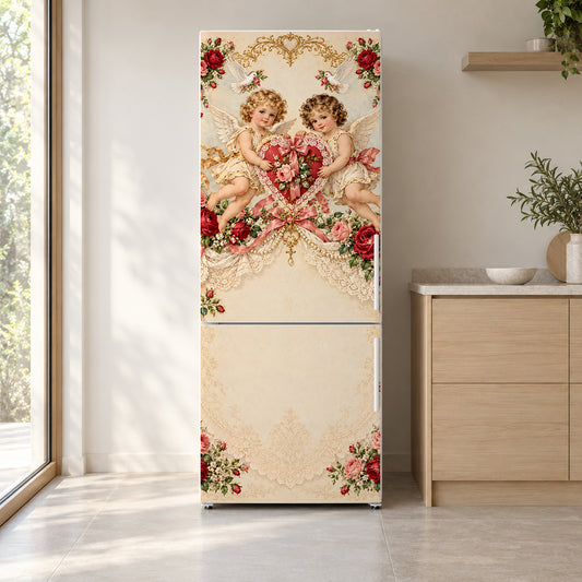 Victorian Valentine Cupids fridge wrap on a white refrigerator in a bright kitchen