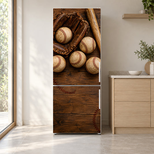 Vintage Baseballs fridge wrap on a white refrigerator in a bright kitchen