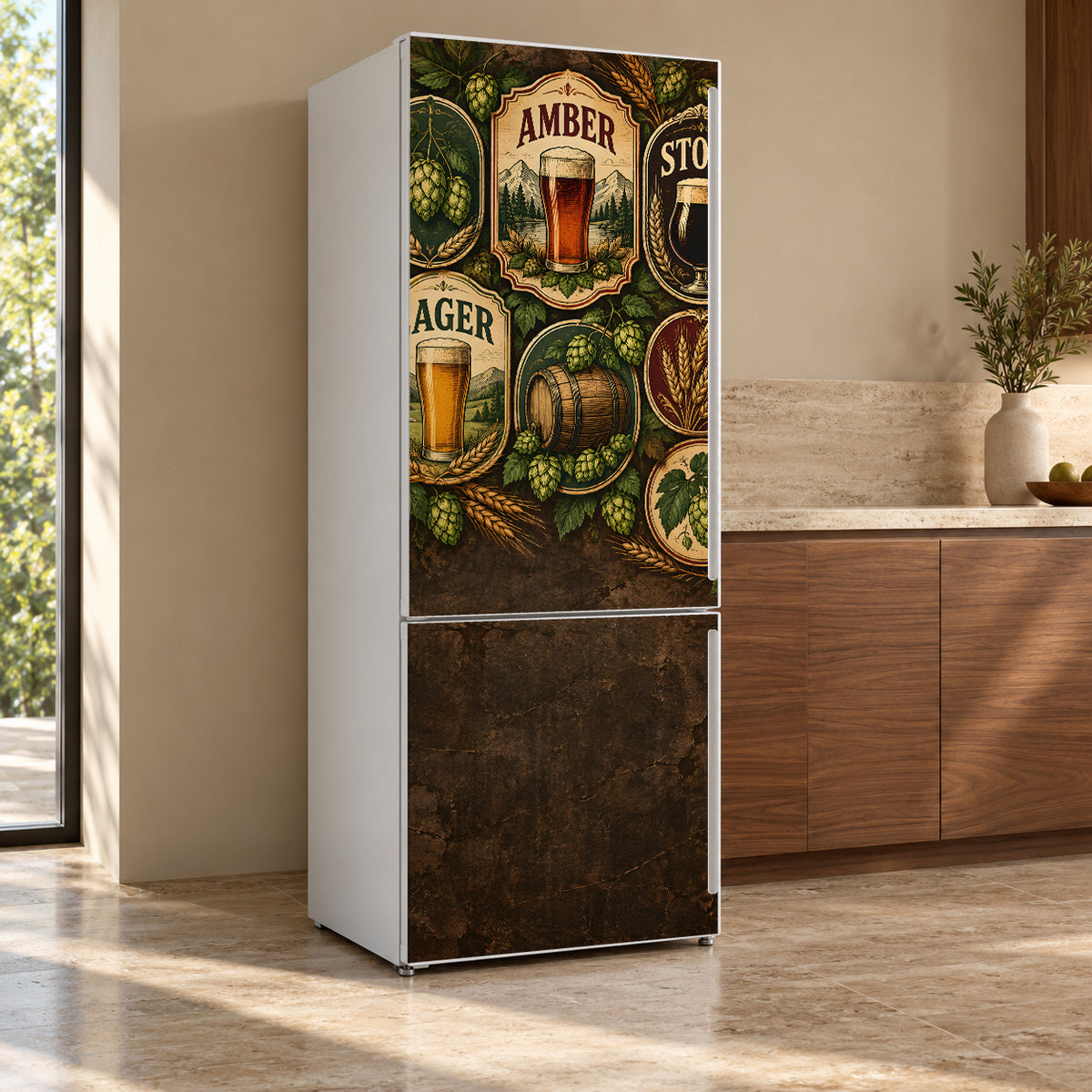 Vintage Beer Labels fridge wrap, refrigerator shown at an angle