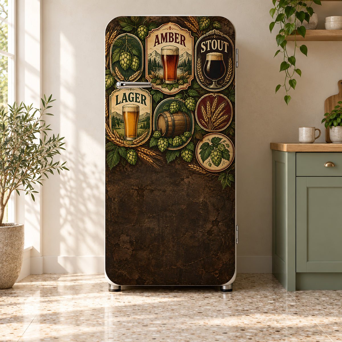 Vintage Beer Labels fridge wrap on a retro refrigerator