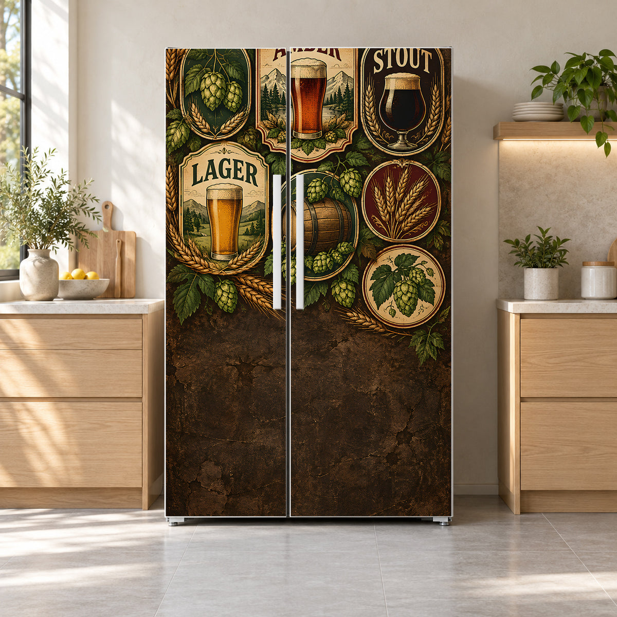 Vintage Beer Labels fridge wrap on a side-by-side refrigerator