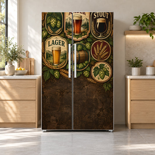 Vintage Beer Labels fridge wrap on a side-by-side refrigerator