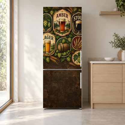 Vintage Beer Labels fridge wrap on a white refrigerator in a bright kitchen