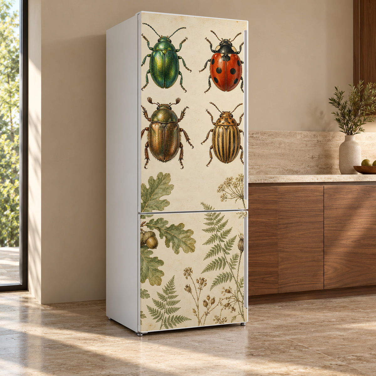 Vintage Beetles Specimen Chart fridge wrap, refrigerator shown at an angle