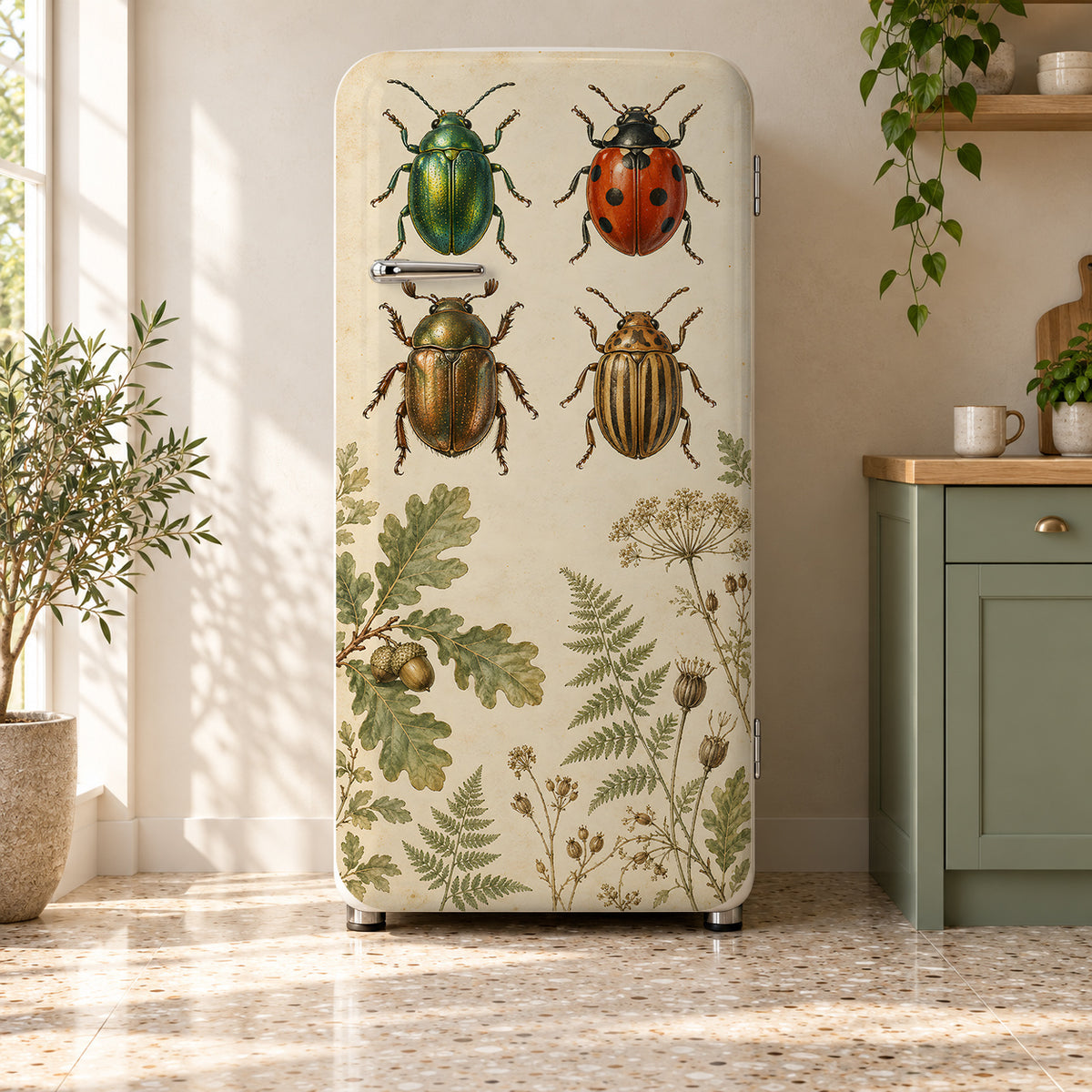 Vintage Beetles Specimen Chart fridge wrap on a retro refrigerator
