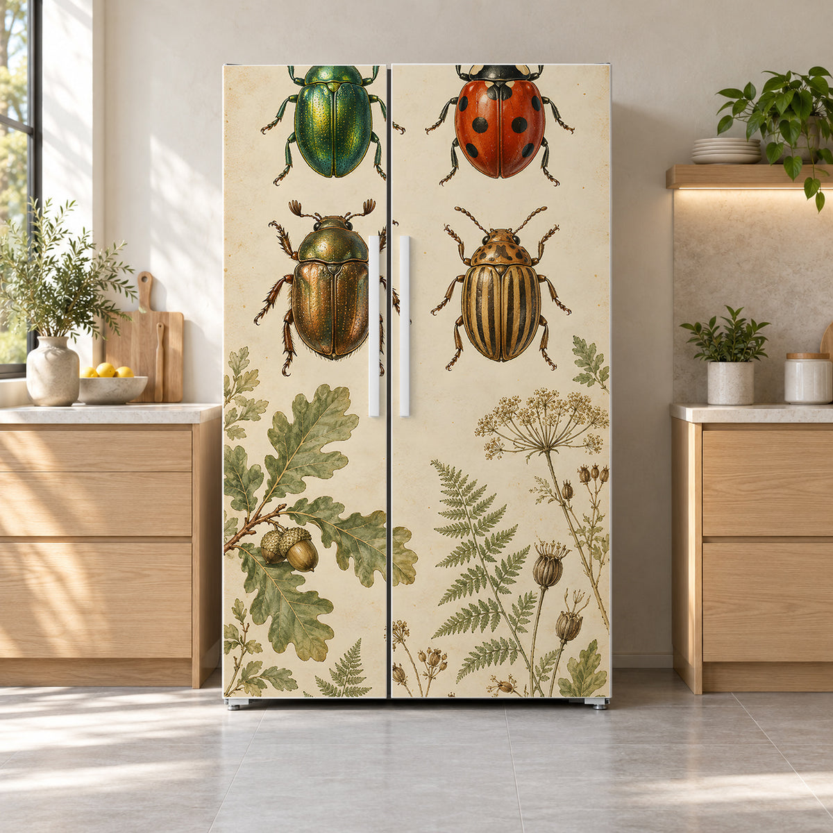 Vintage Beetles Specimen Chart fridge wrap on a side-by-side refrigerator