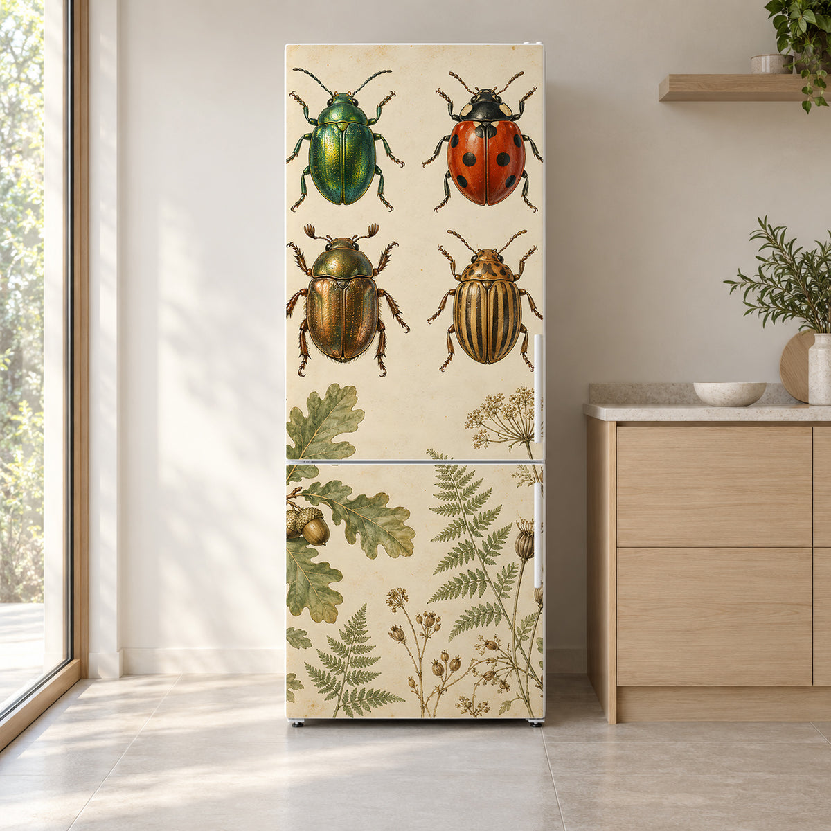 Vintage Beetles Specimen Chart fridge wrap on a white refrigerator in a bright kitchen