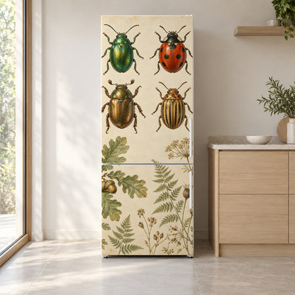 Vintage Beetles Specimen Chart fridge wrap on a white refrigerator in a bright kitchen