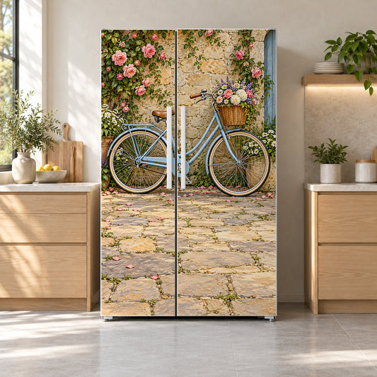 Vintage Bicycle with Roses fridge wrap on a side-by-side refrigerator