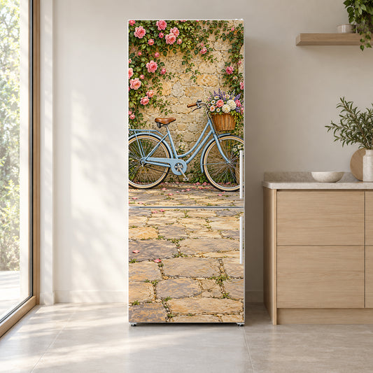 Vintage Bicycle with Roses fridge wrap on a white refrigerator in a bright kitchen