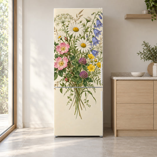 Vintage Botanical Wildflowers fridge wrap on a white refrigerator in a bright kitchen