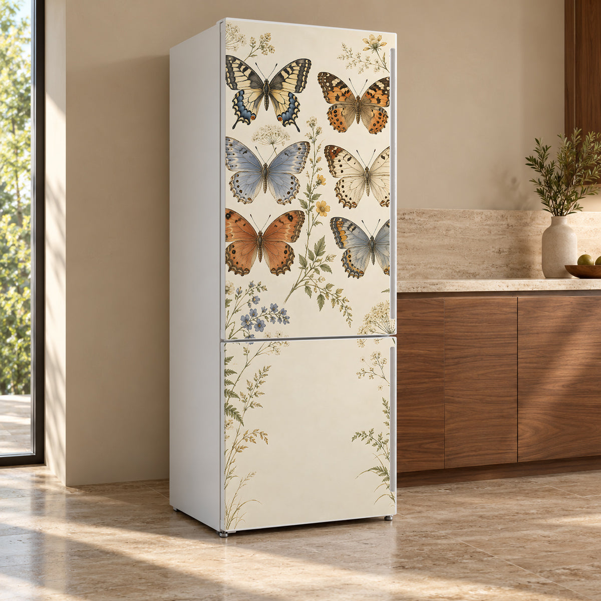 Vintage Butterflies fridge wrap, refrigerator shown at an angle