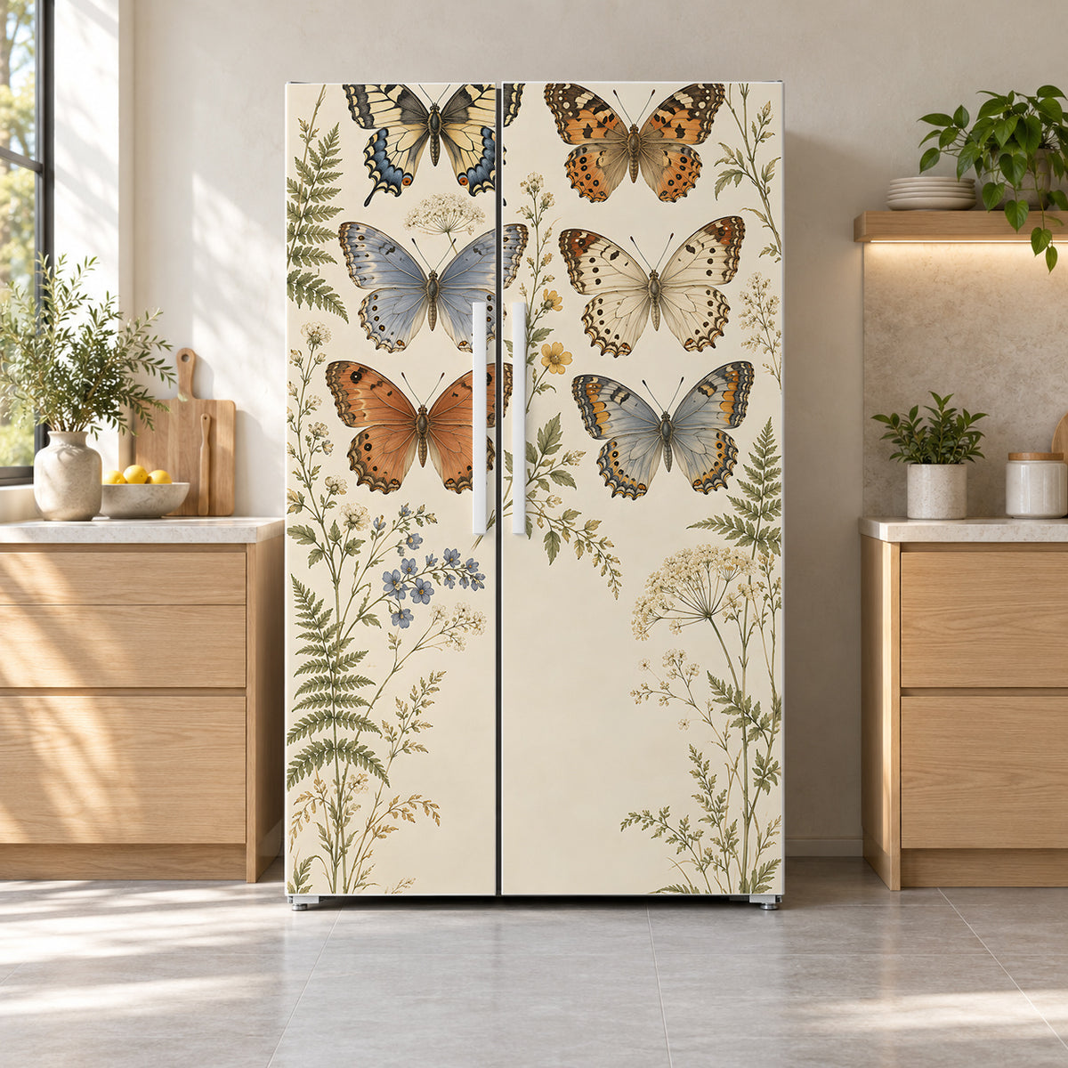 Vintage Butterflies fridge wrap on a side-by-side refrigerator