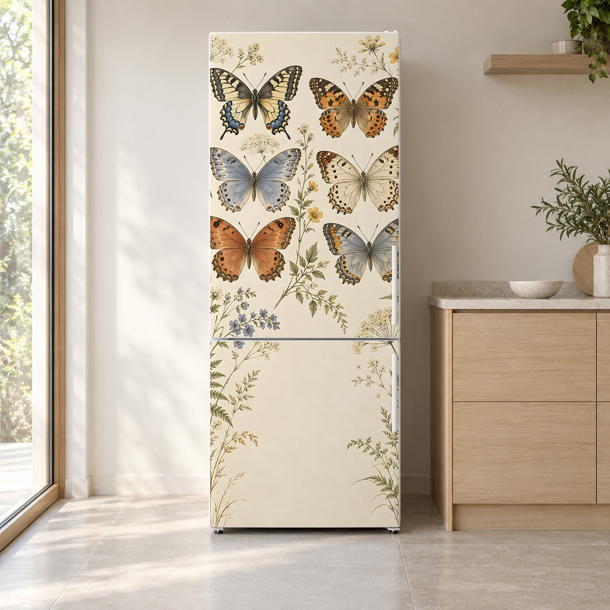 Vintage Butterflies fridge wrap on a white refrigerator in a bright kitchen