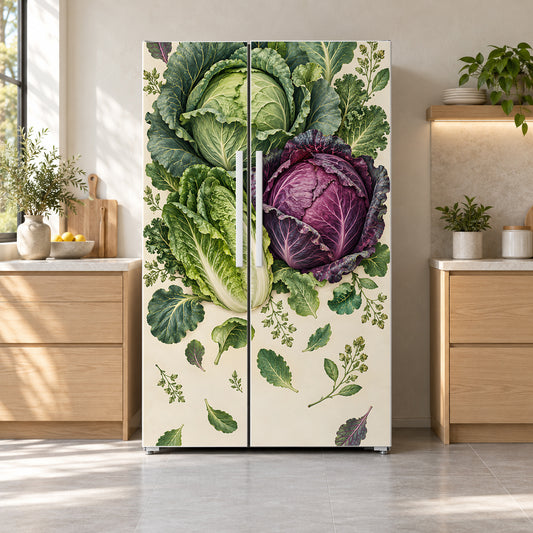 Vintage Cabbage Botanical fridge wrap on a side-by-side refrigerator