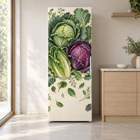 Vintage Cabbage Botanical fridge wrap on a white refrigerator in a bright kitchen