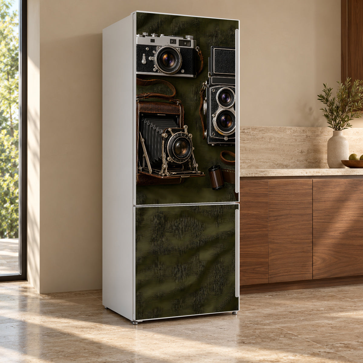 Vintage Cameras fridge wrap, refrigerator shown at an angle