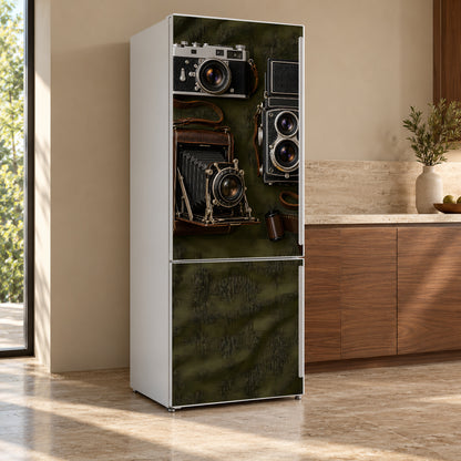 Vintage Cameras fridge wrap, refrigerator shown at an angle