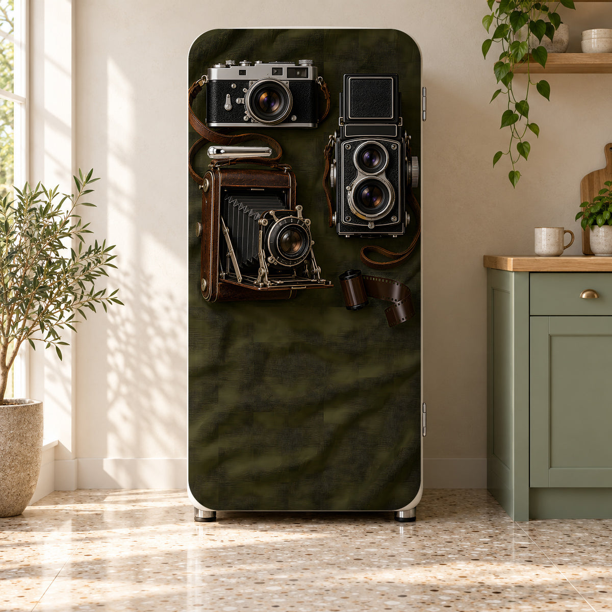 Vintage Cameras fridge wrap on a retro refrigerator
