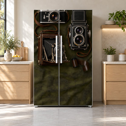 Vintage Cameras fridge wrap on a side-by-side refrigerator
