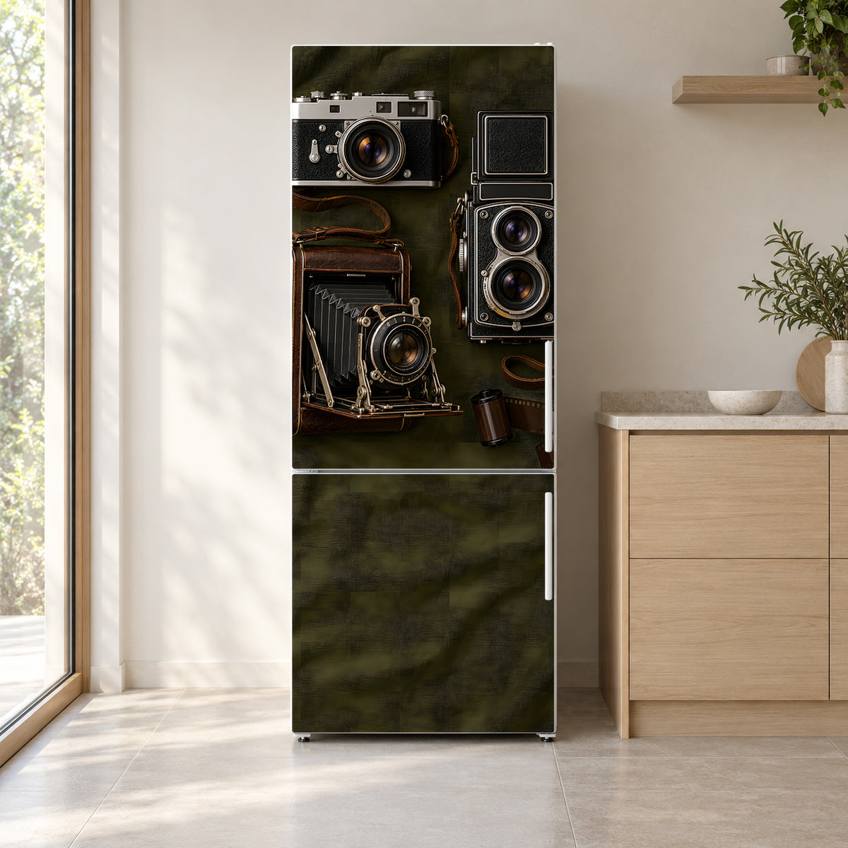 Vintage Cameras fridge wrap on a white refrigerator in a bright kitchen
