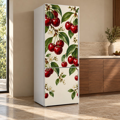 Vintage Cherries fridge wrap, refrigerator shown at an angle