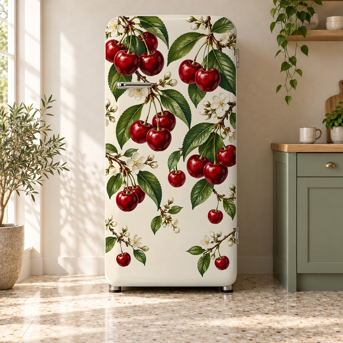 Vintage Cherries fridge wrap on a retro refrigerator