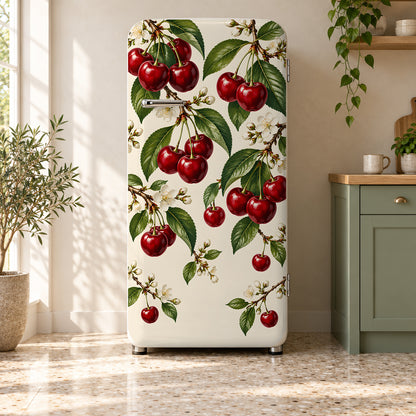Vintage Cherries fridge wrap on a retro refrigerator
