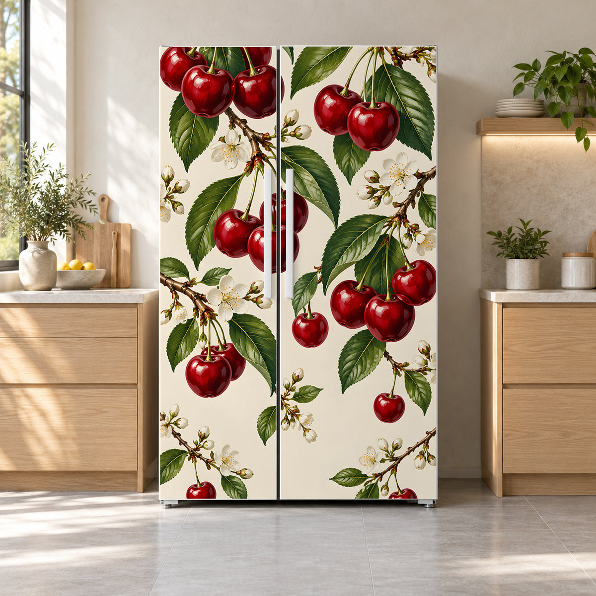 Vintage Cherries fridge wrap on a side-by-side refrigerator