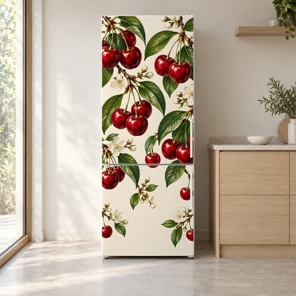 Vintage Cherries fridge wrap on a white refrigerator in a bright kitchen