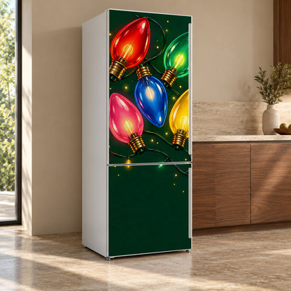 Vintage Christmas Bulb Lights fridge wrap, refrigerator shown at an angle
