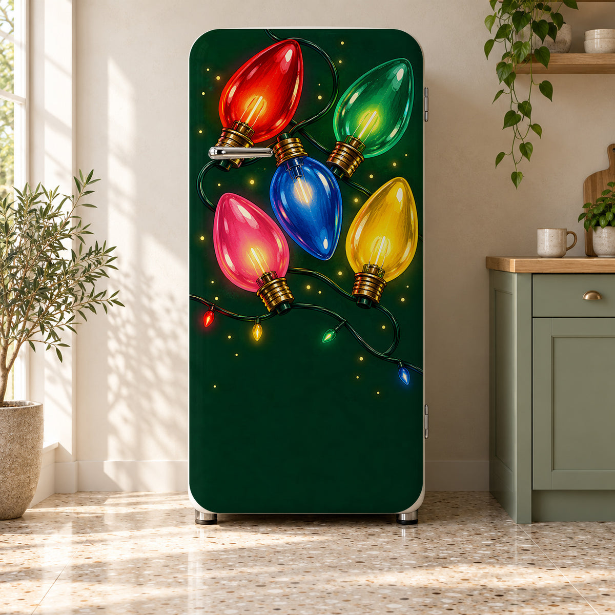 Vintage Christmas Bulb Lights fridge wrap on a retro refrigerator