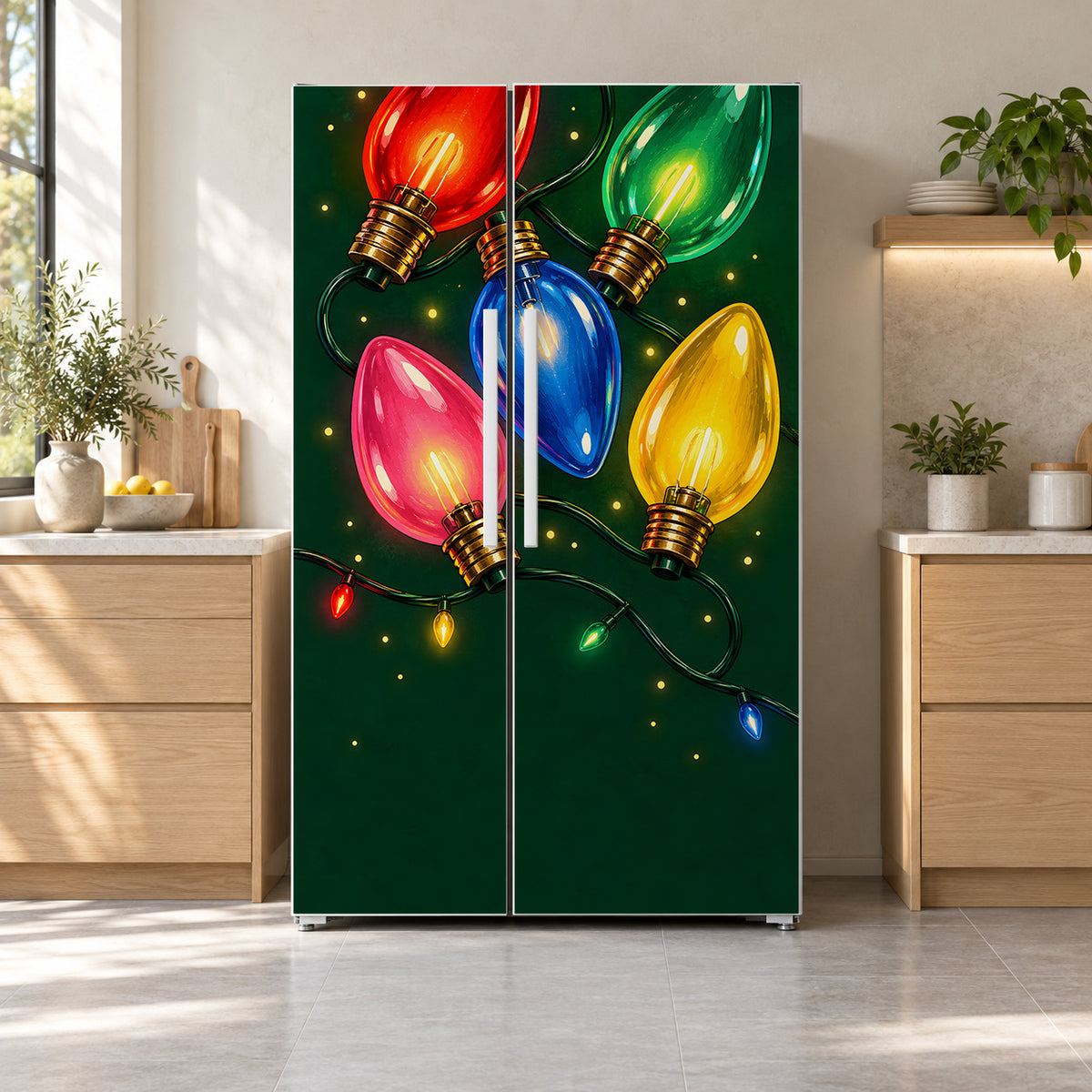 Vintage Christmas Bulb Lights fridge wrap on a side-by-side refrigerator