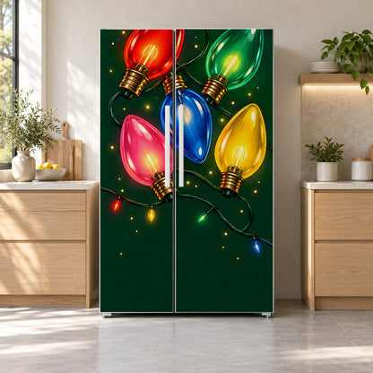 Vintage Christmas Bulb Lights fridge wrap on a side-by-side refrigerator